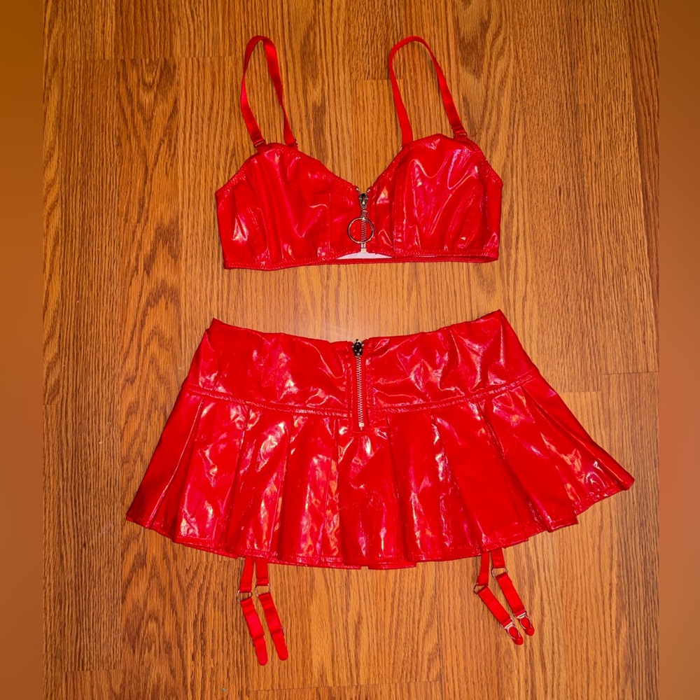 Fredricks of Hollywood X Forever 21 glossy Red mini Skirt Set